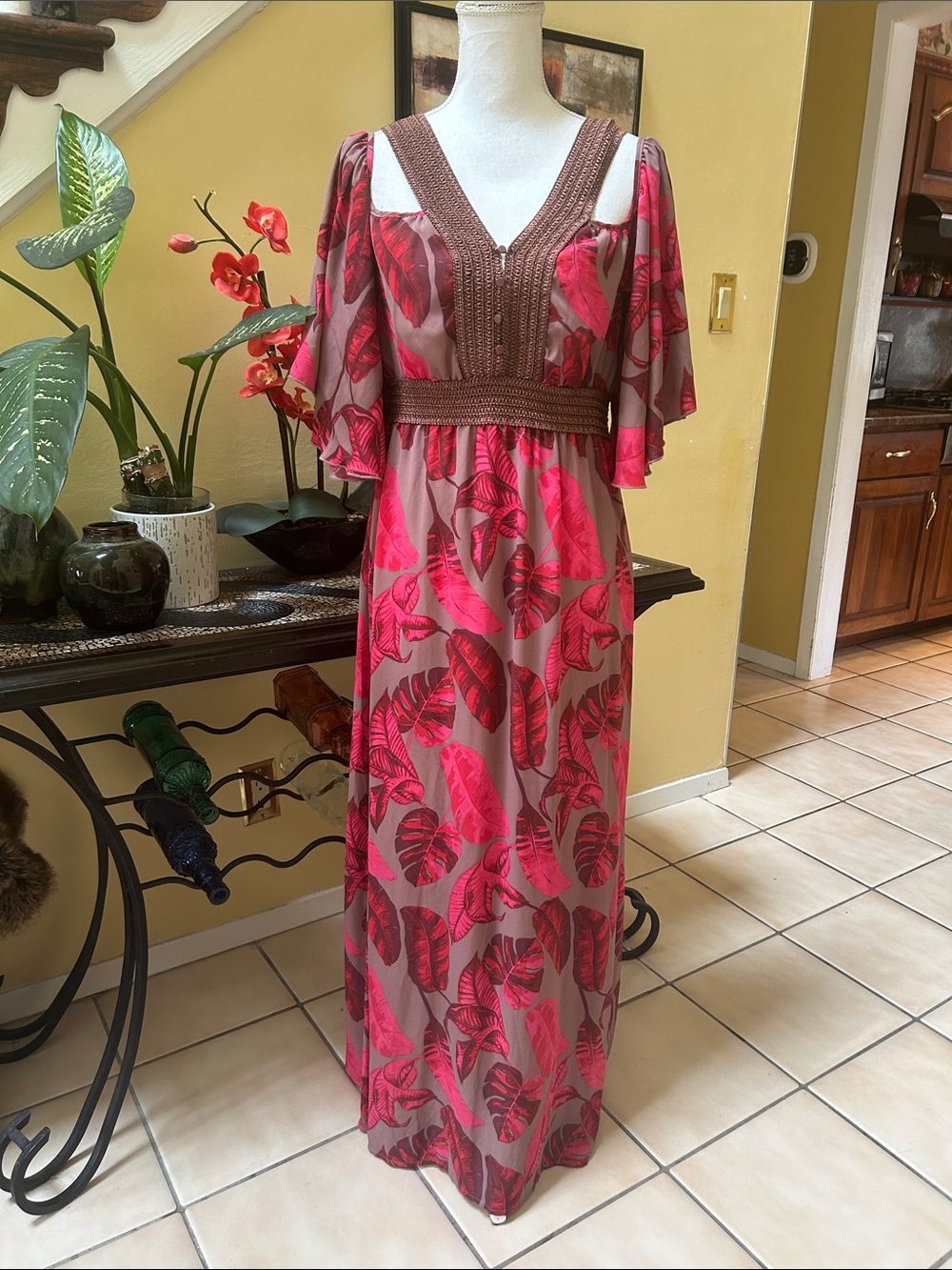 Venus Pink Floral Gold Lace Textured Crochet V Neckline Off Shoulder Maxi Dress